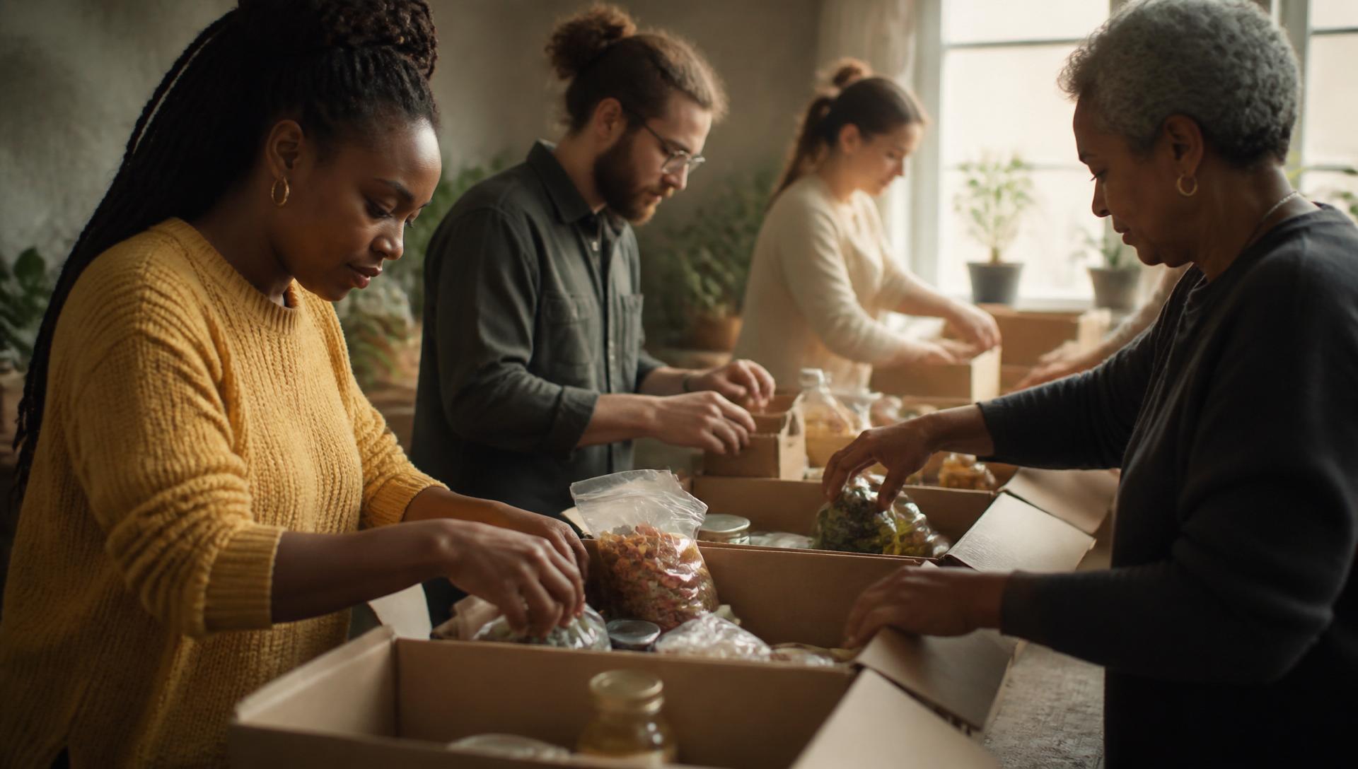 Volunteers packing food boxes