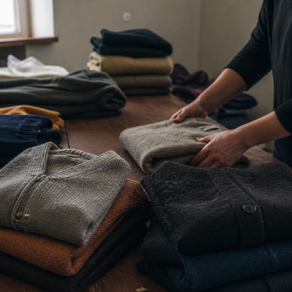 Neatly folded clothing donations in warm natural light