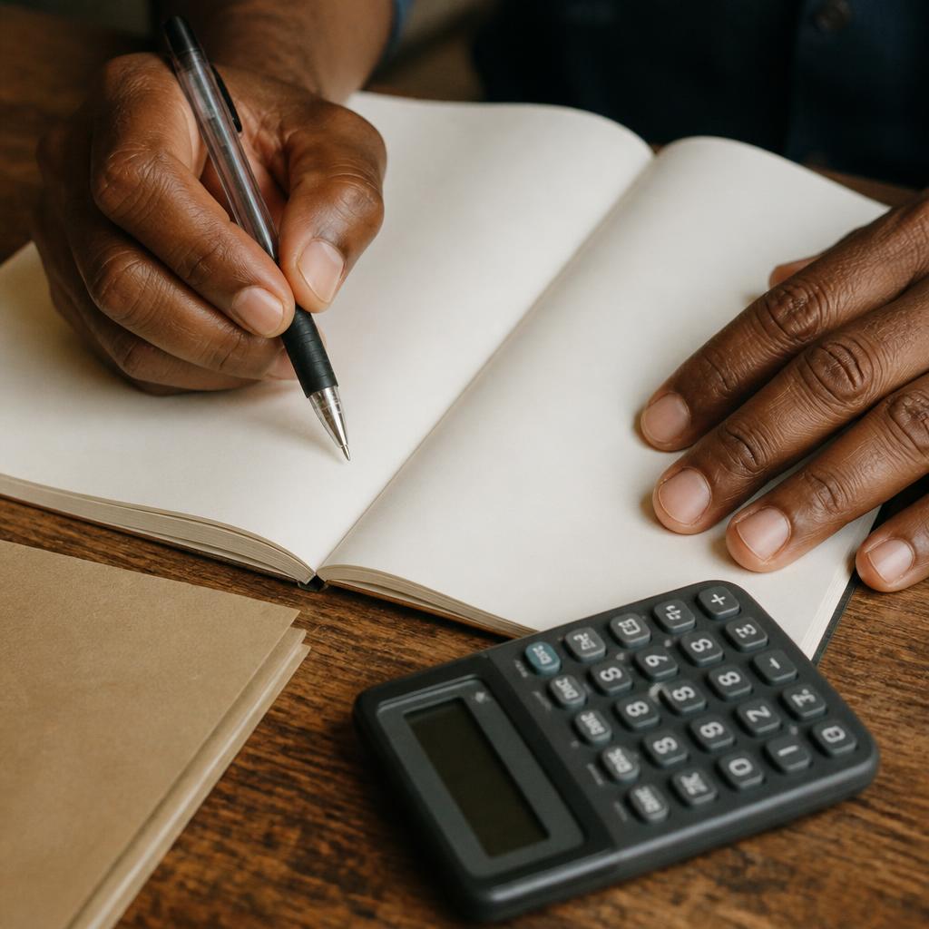 Hands reviewing a household budget on a wooden desk