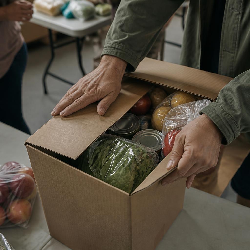 Volunteers packing fresh food into boxes for families