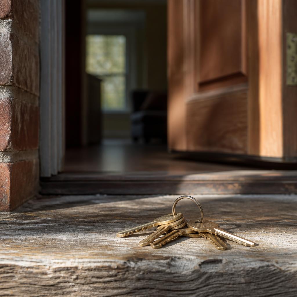 A hand holding keys in front of a welcoming home doorway