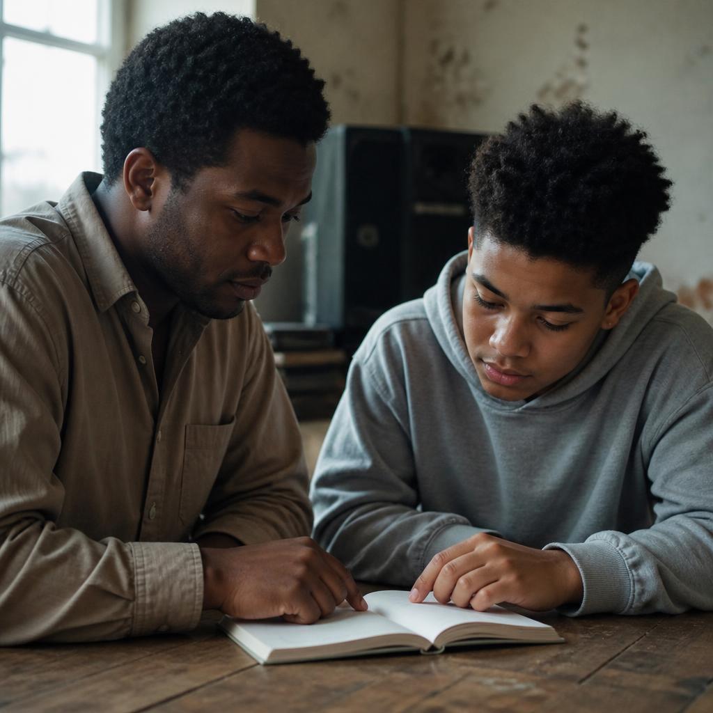 A mentor smiling with a young student in warm light